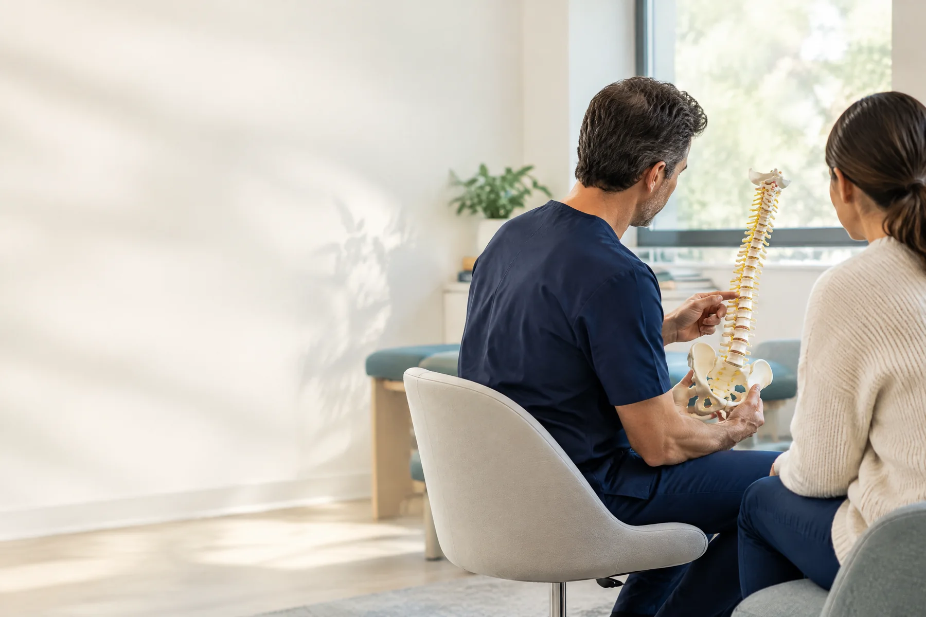 A physician using a spine model to explain care to a patient